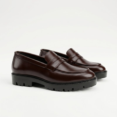 Luxury  Leather Loafers with Bold Metal Accent & Chunky Grip Sole - Dark Chocolate