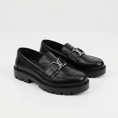 Luxury Textured Leather Loafers with Bold Metal Accent & Chunky Grip Sole - Black