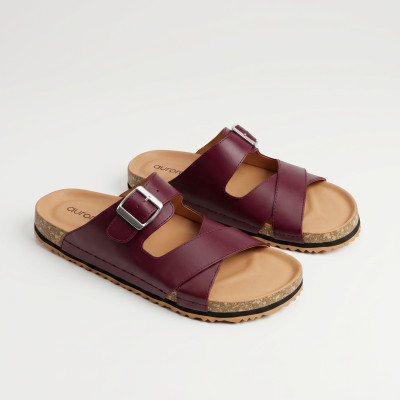 Men’s Classic Suede Cork Sandals – Adjustable Buckle Comfort Footbed Slippers in Maroon