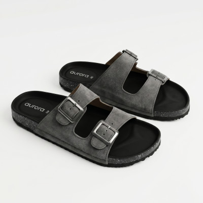 Men’s Classic Suede Cork Sandals – Adjustable Buckle Comfort Footbed Slippers in Ash