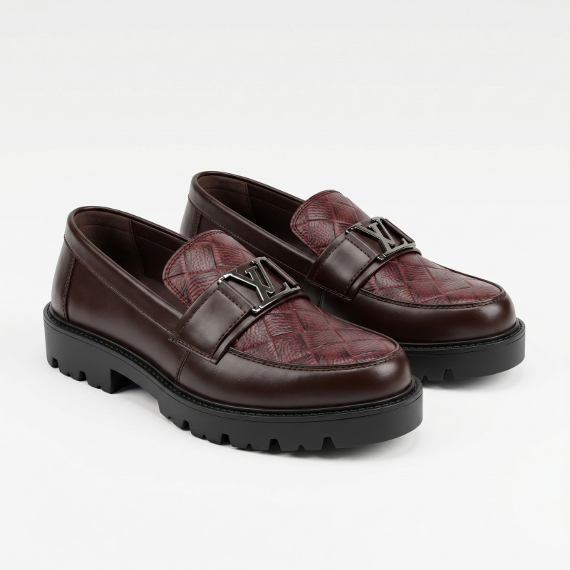 Aurora Men’s Premium Textured Leather Loafers Maroon – Luxury Chunky Sole Shoes