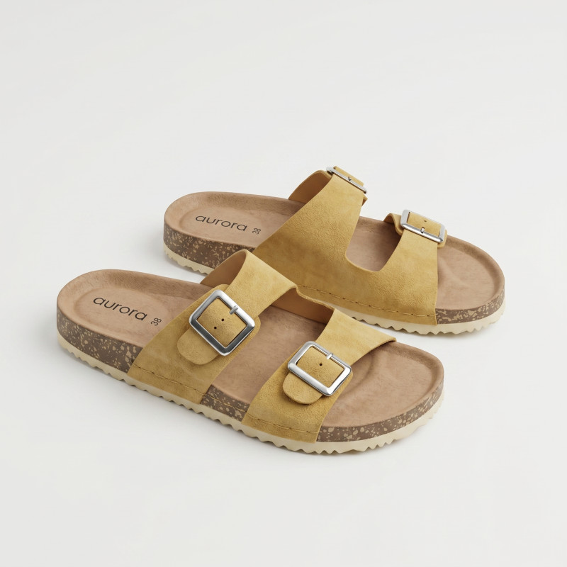 Aurora Men’s Suede Cork Sandals Yellow – Adjustable Double Buckle Comfort Footbed