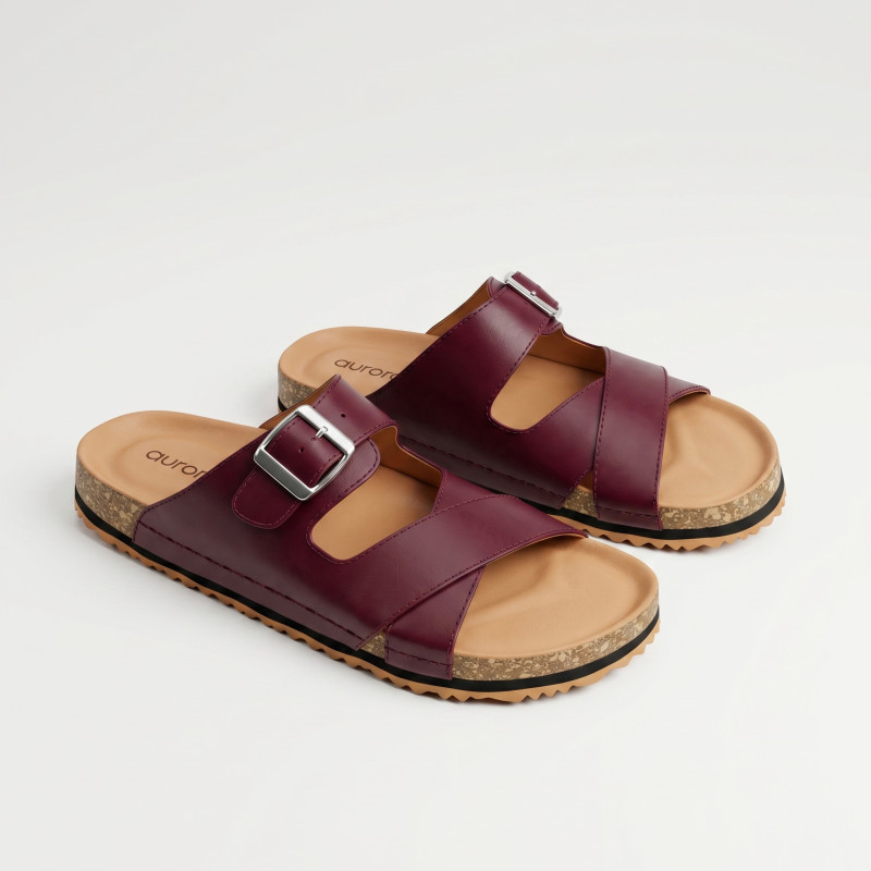 Aurora Men’s Suede Cork Sandals Maroon – Adjustable Double Buckle Comfort Footbed