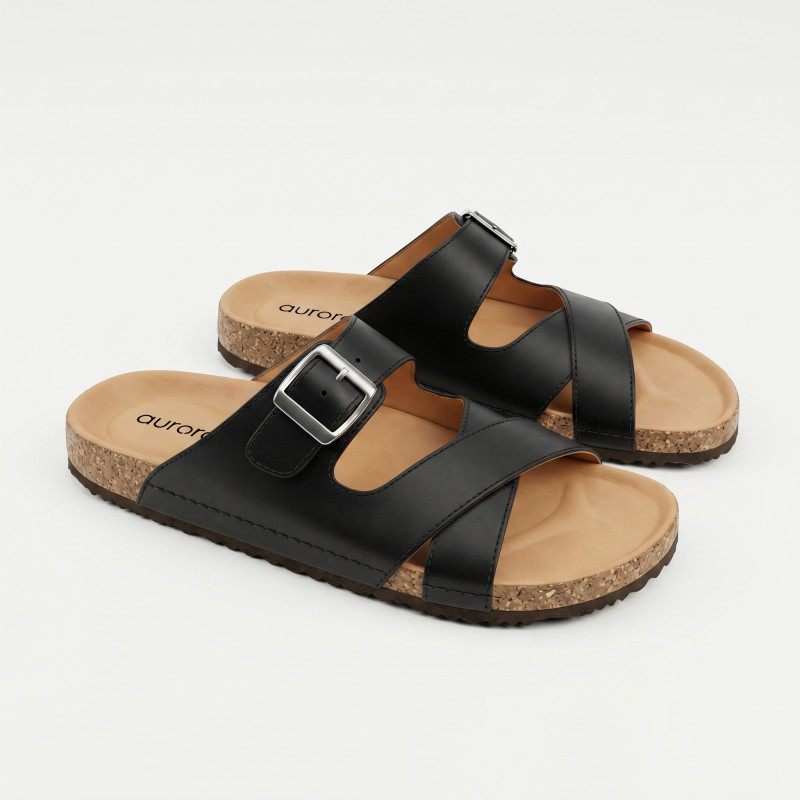 Aurora Men’s Black Suede Leather Cork Sandals – Adjustable Buckle Comfort Footbed