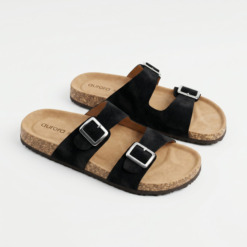 Aurora Men’s Black Suede Cork Sandals – Adjustable Double Buckle Comfort Footbed