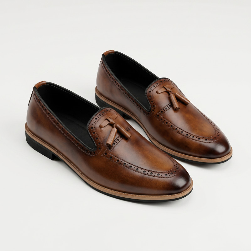 Aurora Men's Handcrafted Cow Leather Tassel Loafer – Brown Patina Formal Shoe