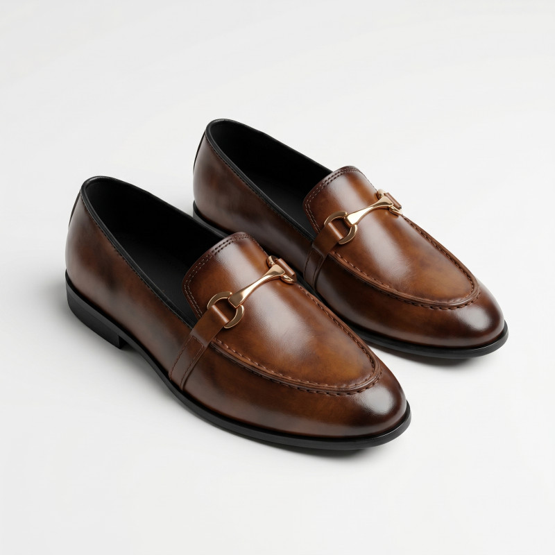Aurora Men's Genuine Cow Leather Horsebit Loafer – Brown Formal Buckle Shoe