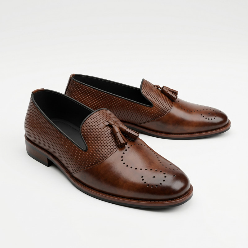Aurora Men's Genuine Cow Leather Tassel Loafer – Brown Formal Brogue Shoe