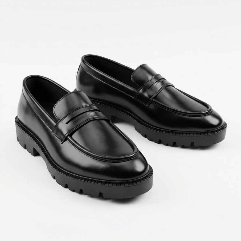 Aurora Men's Premium Leather Penny Loafer – Black Chunky Sole Loafer