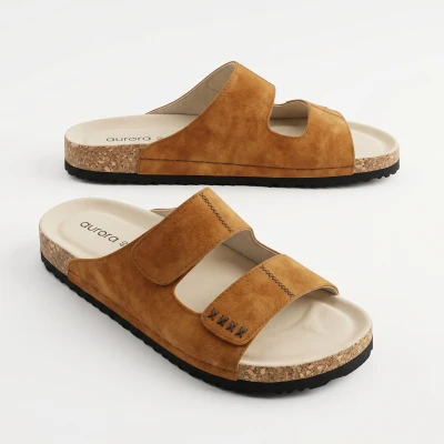 Men’s Classic Suede Cork Sandals – Adjustable Buckle Comfort Footbed Slippers in Camel