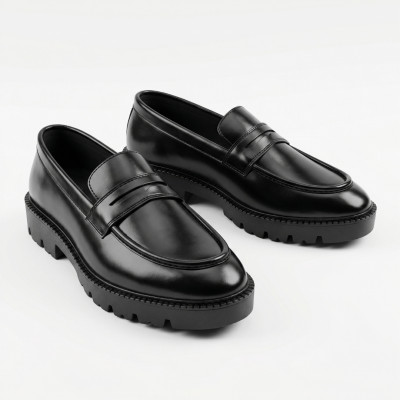 Luxury  Leather Loafers with Bold Metal Accent & Chunky Grip Sole - Black